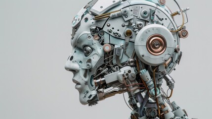 Detailed and Sophisticated Humanoid Robot with Intricate Metallic Parts, Visible Wiring, and Advanced Sensors, Against a Plain Light Background Emphasizing Its Futuristic Design