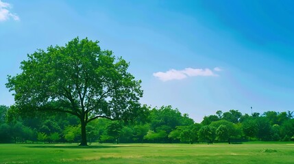 Obraz premium Green tree forest meadow field in city park blue sky Nature green scene background : Generative AI