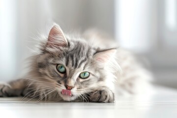 Funny large longhair gray kitten with beautiful big green eyes lying on white table. Lovely fluffy cat licking lips. Free space for text - generative ai