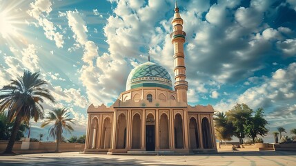 Obraz premium Umm AlTabbul Mosque In Baghdad Iraq with beautiful cloud blue sky : Generative AI