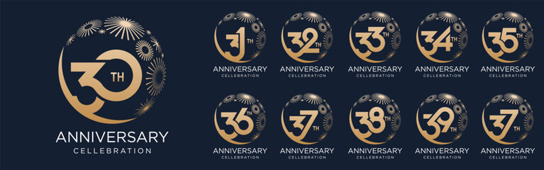 set of 30 to 39th anniversary logotype design, with golden fireworks for celebration event, wedding, and birthday, vector illustration