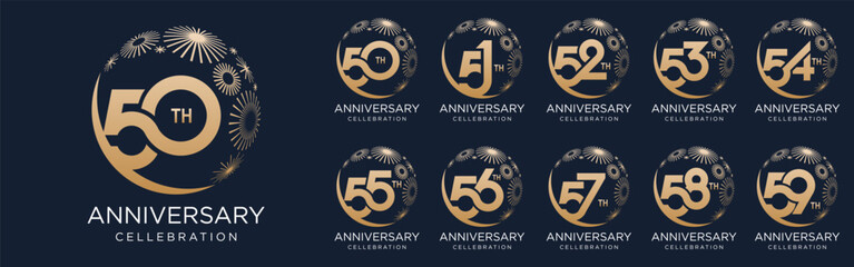 set of 50 to 59th anniversary logotype design, with golden fireworks for celebration event, wedding, and birthday, vector illustration
