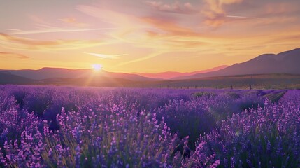 Obraz premium Picturesque colorful floral atmosphere Beautiful panoramic view French blooming scenic at sunset Sunset violet lavender flower field in Provence France Valensole Summer nature amazing : Generative AI