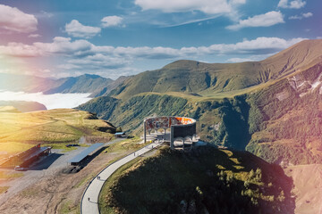 Monument of friendship of nations in Georgia. Stunning aerial view of a unique mountain structure overlooking a breathtaking landscape