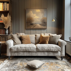 Sophisticated Metal Grey Loveseat with Tan Cushions