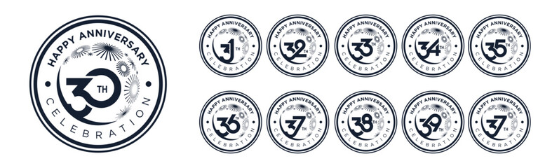 set of 30 to 39th anniversary logotype design, with black color fireworks for celebration event, wedding, and birthday, vector illustration