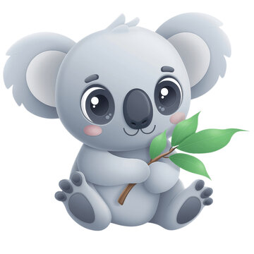 recommend clip art: 3D cute koala holding a green leaf sitting isolated on transparent background clipart