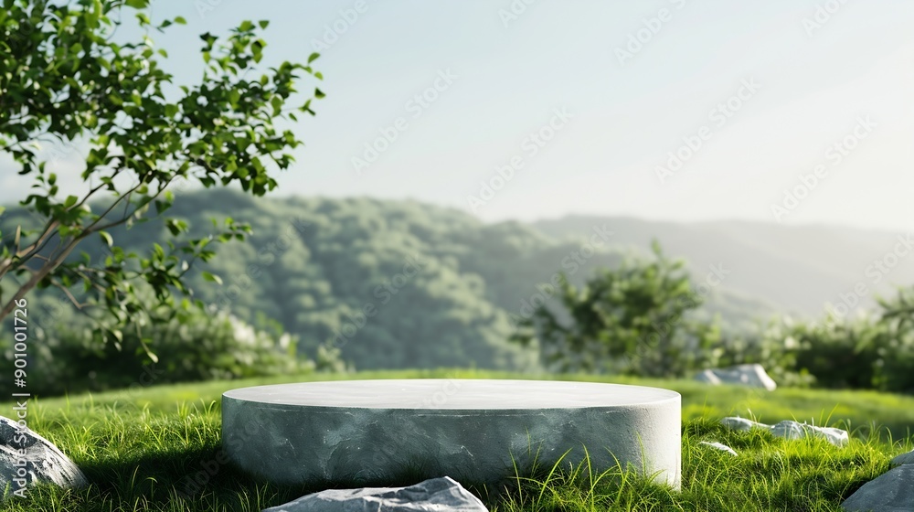 Poster abstract 3d render platform and mockup natural background stone podium on the grass field backdrop m