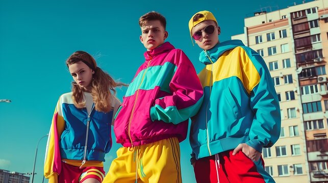 Throwback fashion Stylish boys and girl wearing typical 90s outfits tracksuits and accessories posing outdoors Vintage athletic wear Concept of 90s fashion youth culture oldstyle trend : Generative AI