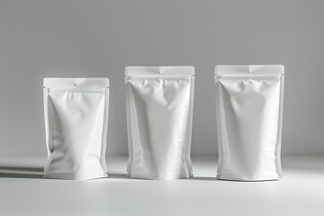 Three Elegant Front View of White Flexible Pouches Mockup on Bright Gray Background 