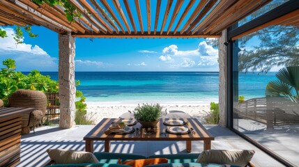 Serene and Sophisticated Modern Beachfront Property Setup with Wooden Table and Chairs under a Pergola, Overlooking Vibrant Azure Sea and Sandy Beach