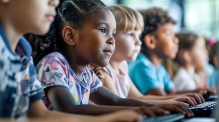  Diverse group of children learning computer together in classroom setting
