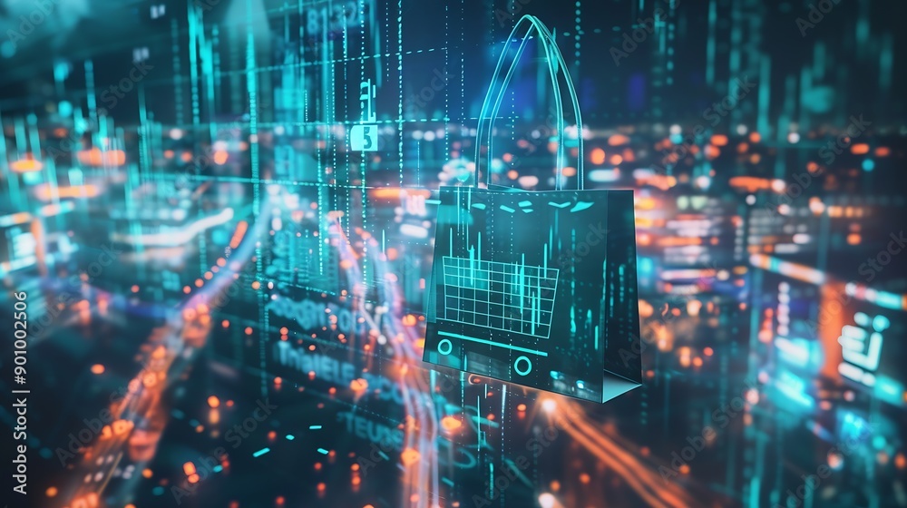 Aufkleber Image of financial data processing over shopping bag Global shopping business finance computing and data processing concept digitally generated image : Generative AI