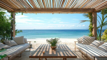 Serene and Sophisticated Modern Beachfront Property Setup with Wooden Table and Chairs under a Pergola, Overlooking Vibrant Azure Sea and Sandy Beach