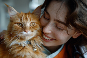 Portrait of a young woman holding a cute cat. Woman holding her cute long haired kitten.  Concept of an adorable domestic animal.
