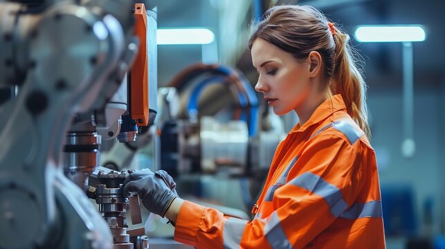 Industrial engineer working on robot maintenance in AI futuristic electronic technology factory Female technician checking automated robotic machine Modern smart woman empowerment in i : Generative AI