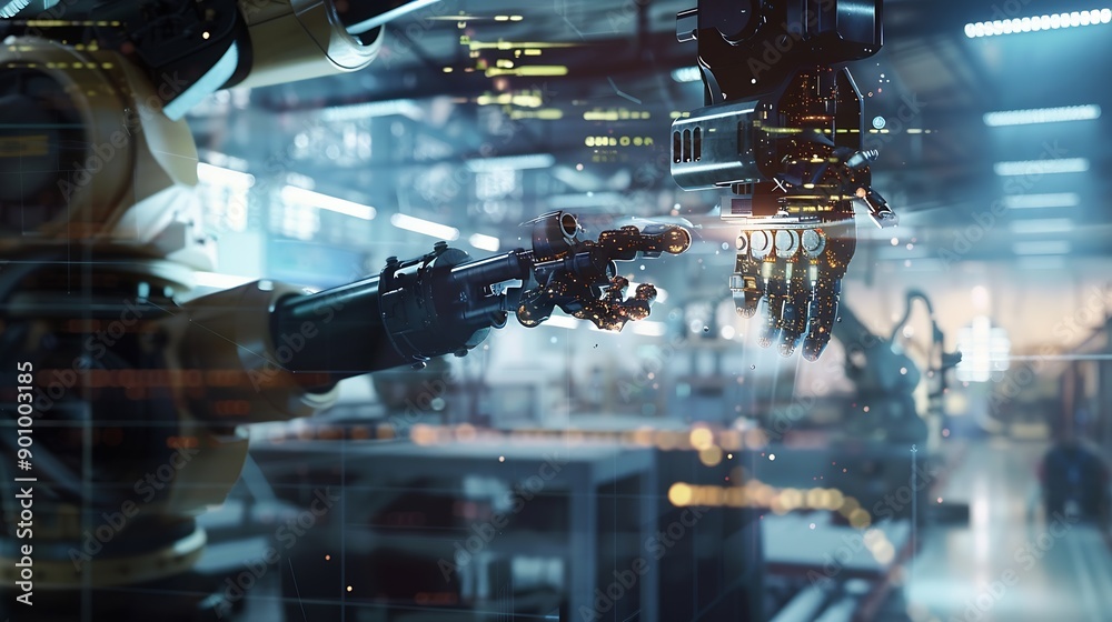 Fototapete MLB Mechanized industry robot arm and factory worker double exposure Concept of robotics technology for industrial revolution and automated manufacturing process : Generative AI