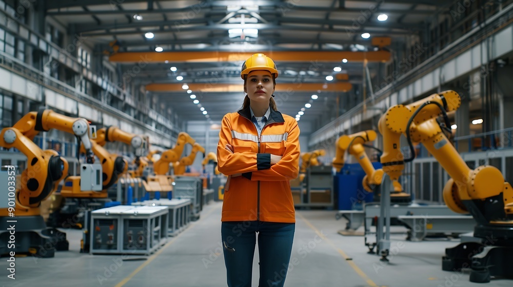 Aufkleber female project manager standing in modern industrial factory manufacturing facility with robotics ro