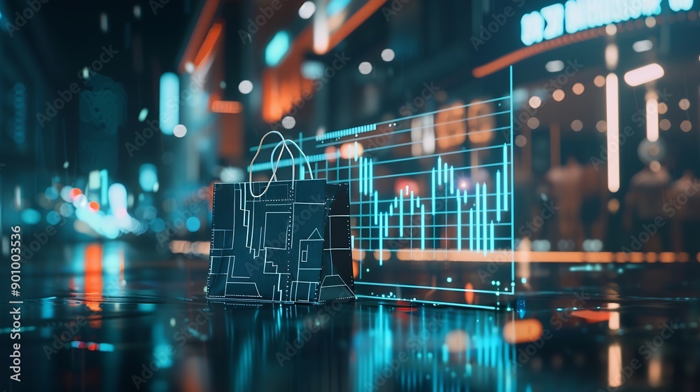 Aufkleber Image of financial data processing over shopping bag Global shopping business finance computing and data processing concept digitally generated image : Generative AI