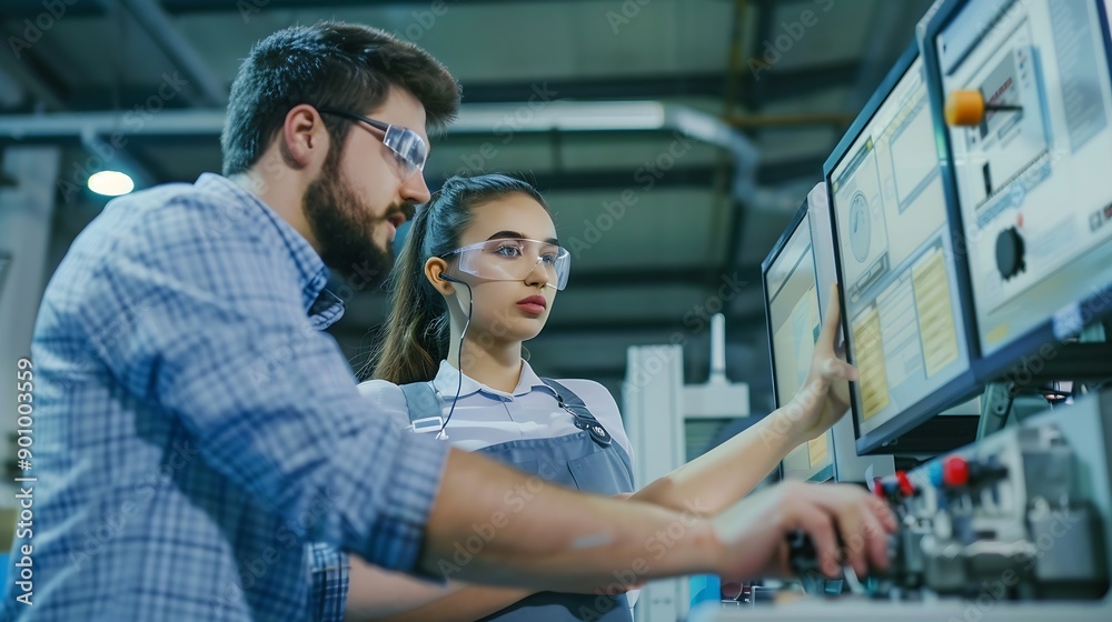 Poster factory apprenticeship man mentor teaching female employees trainee operating machine looking monito