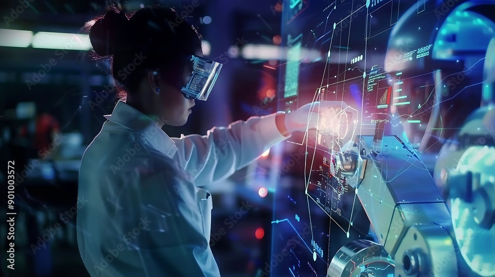 Aufkleber Industry 40 Engineer use monitoring system software and record data of ai robotics automatic arms machine working on network in intelligent factory Ai Machine learning Digital manufact : Generative AI