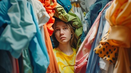 Fototapeta premium Spring cleaningsecond handFast fashion the girl puts things in order in the closet A bunch of colorful clothes The concept of processing second hand eco minimalism consumption of goods : Generative AI