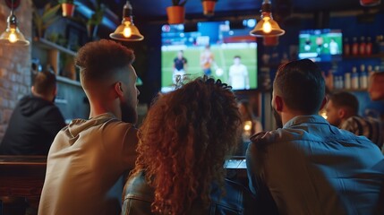 Young People Watching Football on TV in the Bar Friends watches football on TV in a sport bar Rear View of Friends Watching Game in Sports Bar on Screens EnrouteFrance : Generative AI