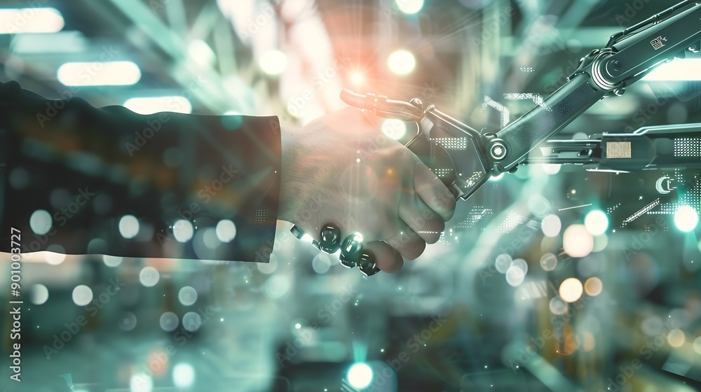 Leinwandbilder mlb mechanized industry robot arm and business handshake double exposure concept of successful agree
