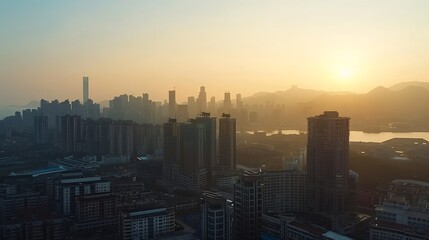 Fototapeta premium Aerial view of city skyline and modern buildings at sunrise in Ningbo Zhejiang Province China East new town of Ningbo It is the economic cultural and commercial center of Ningbo City : Generative AI