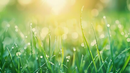 Fototapeta premium Fresh spring grass covered with morning dew drops Vibrant colors with shallow dof and shiny water droplets Showing tranquility of spring environmentally conscious or Earth day nature b : Generative AI