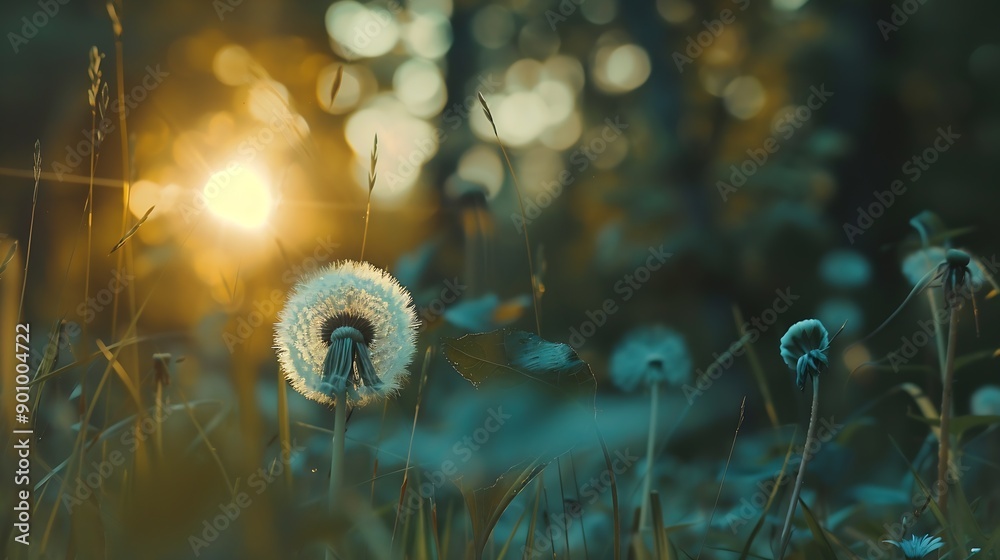 Aufkleber White dandelion in a forest at sunset Macro image shallow depth of field Abstract summer nature background : Generative AI