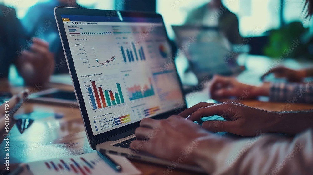 Poster Advice teamwork and people at laptop with graphs charts or data analysis for business growth Research stats and collaboration at computer for sales development profit or finance budget : Generative AI