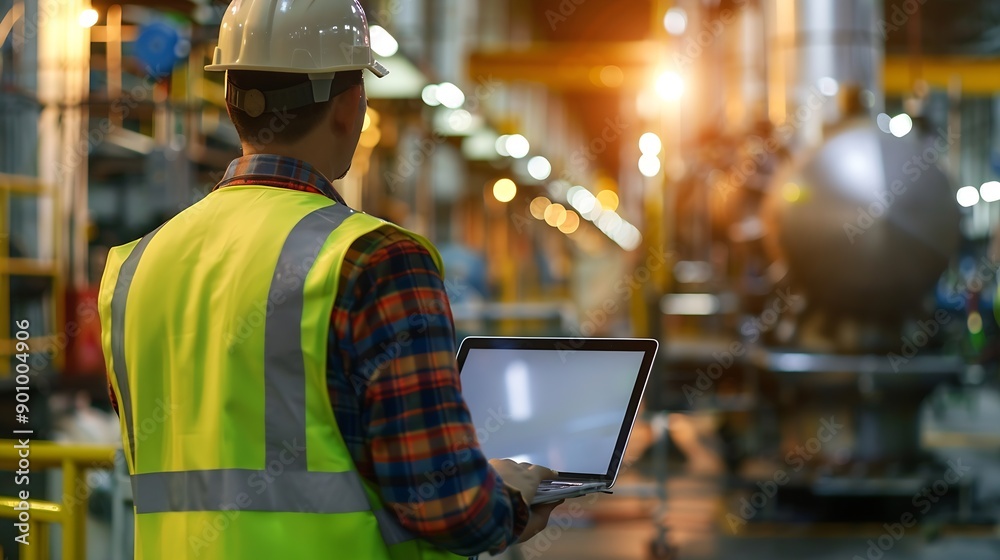 Poster industrial engineer working at a technology factory middle aged male using laptop computer at work b