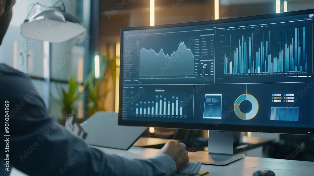 Poster Businessman working with data management system on computer to make report with KPI and metrics connected to database finance operations sales marketing KPI business performance indica : Generative AI