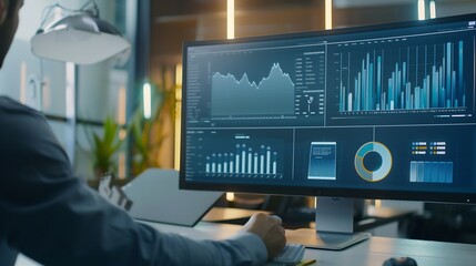 Naklejka premium Businessman working with data management system on computer to make report with KPI and metrics connected to database finance operations sales marketing KPI business performance indica : Generative AI