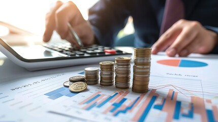 Business finance and investment currency exchange concept Accountant using calculator with coins and financial report economic graph growth finance background : Generative AI
