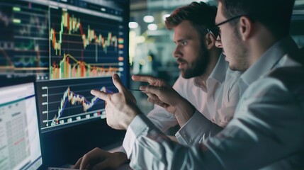 Fototapeta premium Financial advisor explaining invest stock market data consulting investor Two busy business men analysts doing finance trading analysis pointing at exchange chart on laptop screen work : Generative AI