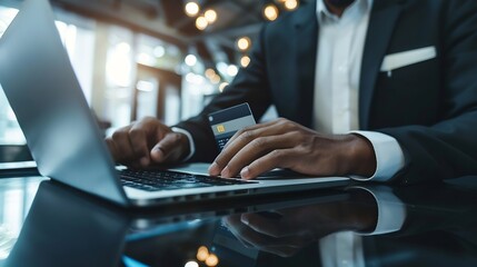 Businessman hands and credit card with laptop for ecommerce online shopping or banking investment Fintech professional trader and digital finance with typing loan application or budget : Generative AI