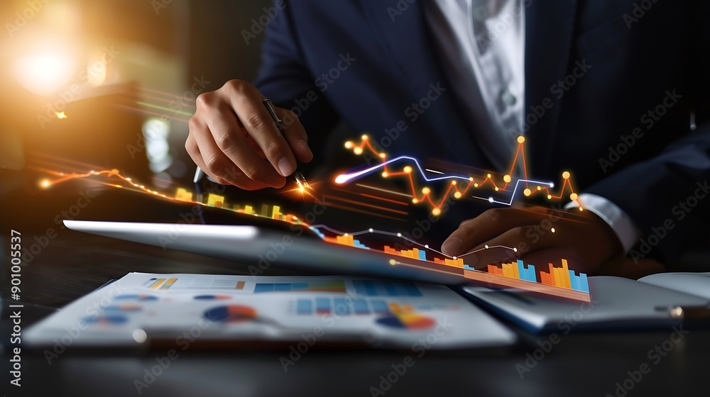 Poster business finance and investment data analysis businessman using tablet analyzing financial graph gro