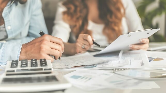 Calculator financial documents or happy couple with budget paperwork notes or planning savings Writing smile or people organizing bills checklist for paying debt finance or household e : Generative AI