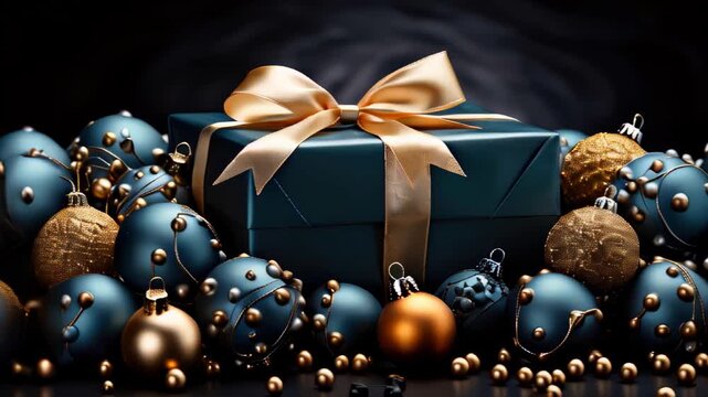 Elegant gift surrounded by golden and teal ornaments in festive setting