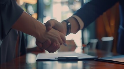 Negotiation handshake and meeting for b2b deal discussion and business with company contract Office person or employees with teamwork or collaboration in workplace for finance or accou : Generative AI