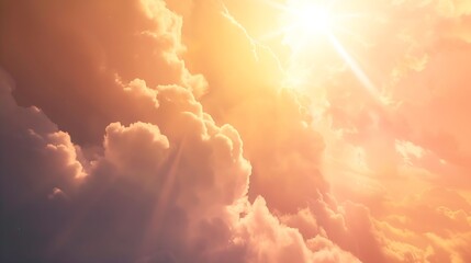 Obraz premium View of the clouds through which the rays of sunset light from the sun break through Divine Light Background image Religion and selfknowledge : Generative AI