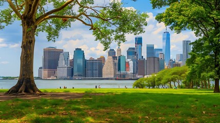 Fototapeta premium Lower Manhattan Skyline view from Outlook Hill on Governors Island New York City : Generative AI