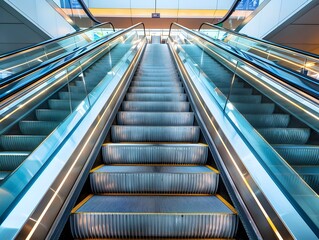 Futuristic Escalator Tunnel with Geometric Design and Vibrant Colors