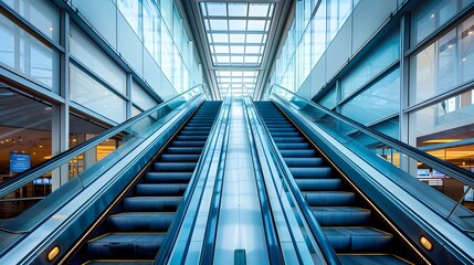 Sleek Escalator in Spacious Glass Enclosed Corridor of Modern Commercial Building