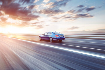 Dynamic Blue Sedan Speeding on Highway at Sunset with Blurred Motion, Illuminated by Setting Sun