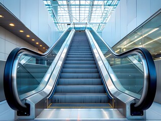 Futuristic Escalator in Modern Glass and Steel Building Interior