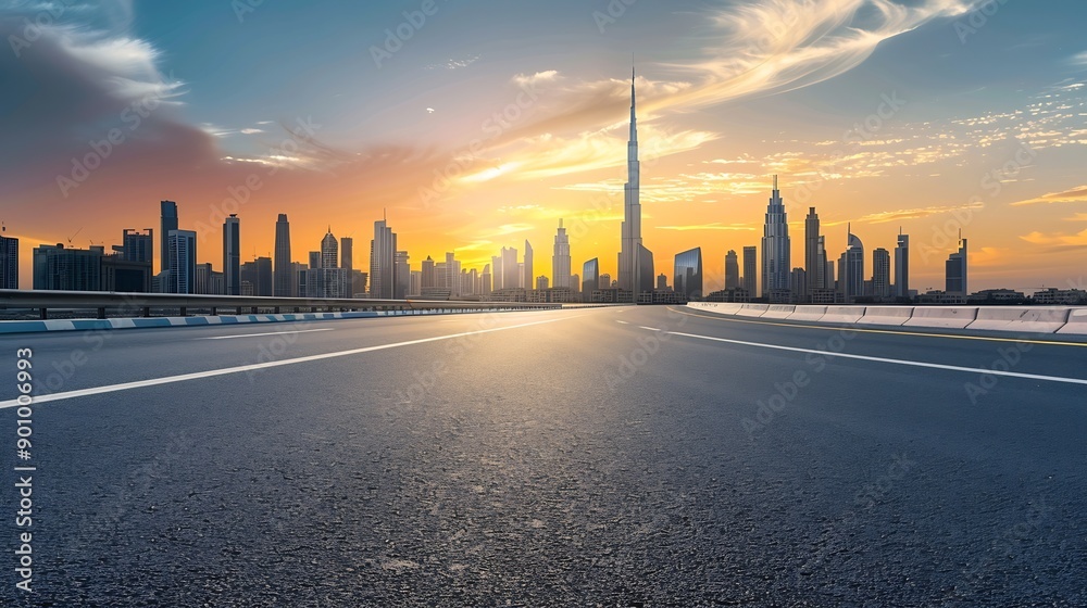 Aufkleber empty asphalt road and modern city skyline with building scenery at sunset high angle view : generat