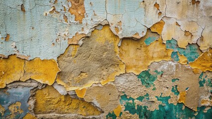Obraz premium Weathered concrete wall with cracked and peeling paint, revealing underlying texture, offering ample copy space for design and commercial use applications.